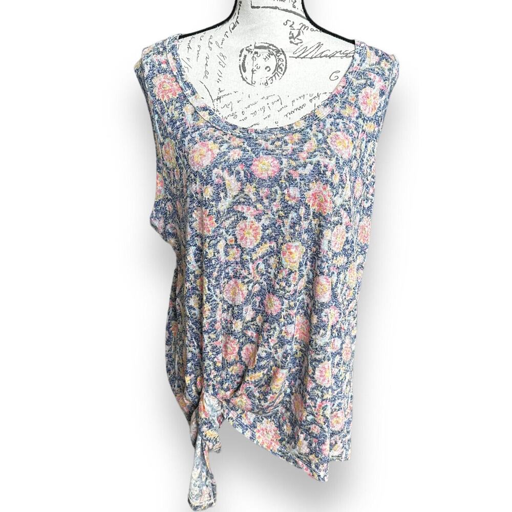 Studio B by Bobeau Scoop Neck Tank Top Plus 2X Blue Pink Floral Tie Hem NWOT
